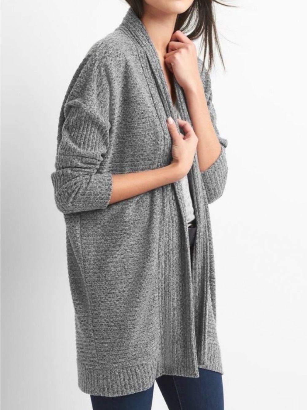 GAP Light Marled Heather Grey Softspun Open-Front Ribbed Knit Cozy Cardigan, XL
